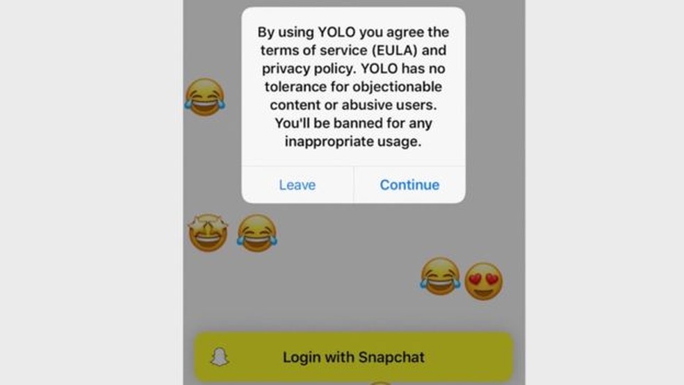 Rakendus Yolo teatab kasutajatele esmakordse juurdepääsu ajal nende keelupoliitikast. Foto: Reproduo / BBC