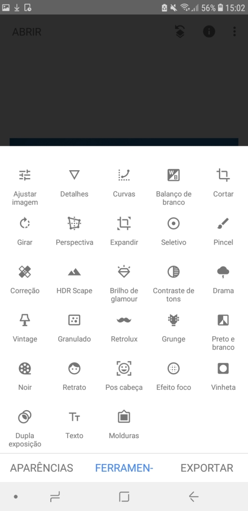 Snapseed, Androidi rakendus, kuvab kõik tööriistade piirkonnas olevad üksused