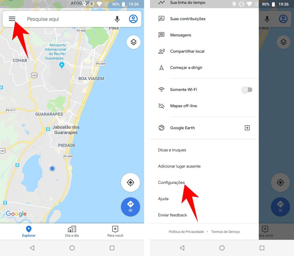 Juurdepääs Google Mapsi seadetele rakenduses Android Photos: Reproduo / Rodrigo Fernandes