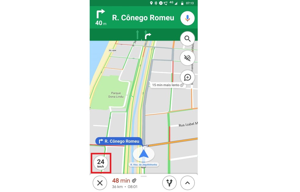 Google Maps kuvab spidomeetri ekraani vasakus nurgas, kui kasutaja sõidab. Foto: Reproduo / Rodrigo Fernandes