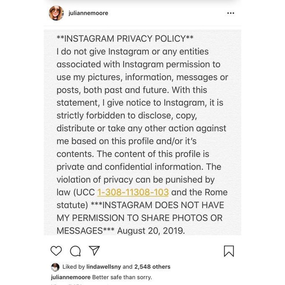 Näitlejanna Julianne Moore jagab Instagrami uute privaatsuspoliitikate ahelat Foto: Reproduo / Instagram (@juliannemoore)