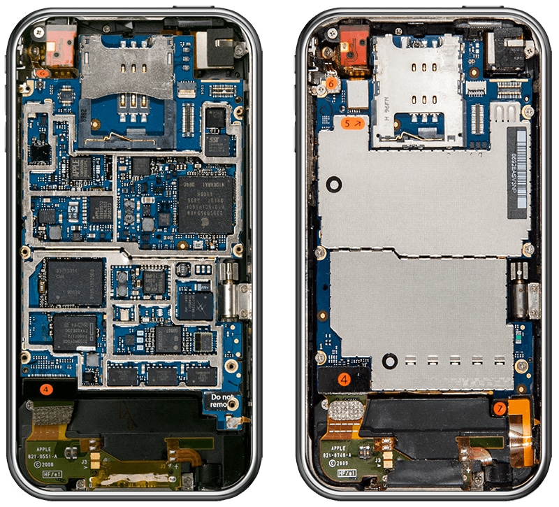 Interjööri iPhone 3G (vasakul) ja iPhone 3GS (paremal)