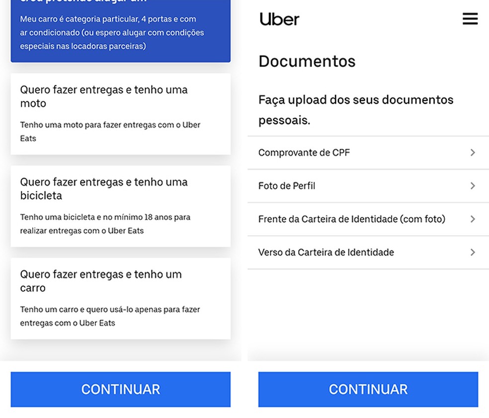 Valige suvand, mida soovite jätkata Uber Eats Photo registreerimisega: Reproduo / Marcela Franco