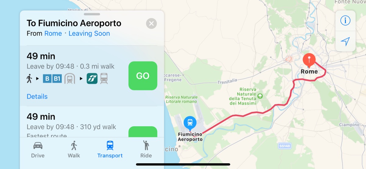 Apple Mapsi ühistranspordi teenus Roomas, Itaalias