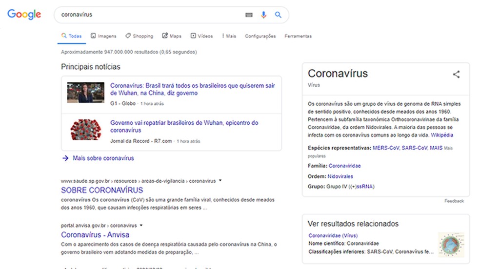 Google kuvab uudisteportaalide ja ametlike allikate uudiseid koronaviiruse kohta esimestes tulemustes Foto: Reproduo / Paulo Alves