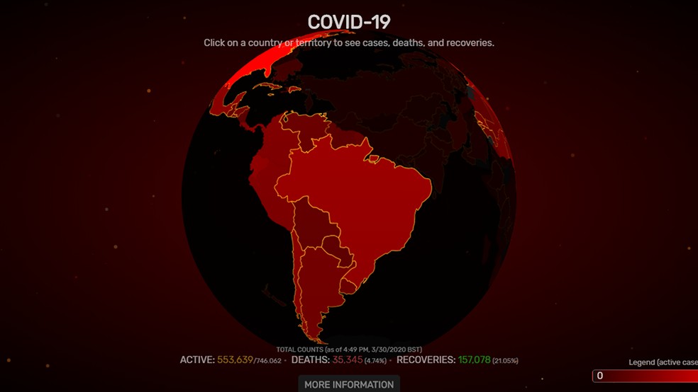 Veebisait näitab uuendatud Covid-19 juhtumit interaktiivsel maakeral Foto: Reproduo / Paulo Alves
