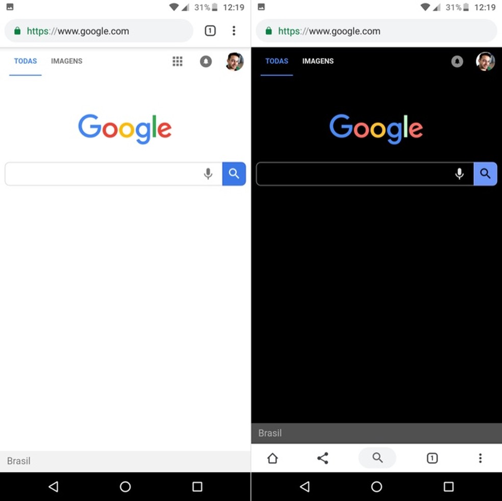 Google'i sait, kus öörežiim on välja lülitatud (vasakul) ja aktiivne (paremal) Foto: Reproduo / Helito Beggiora