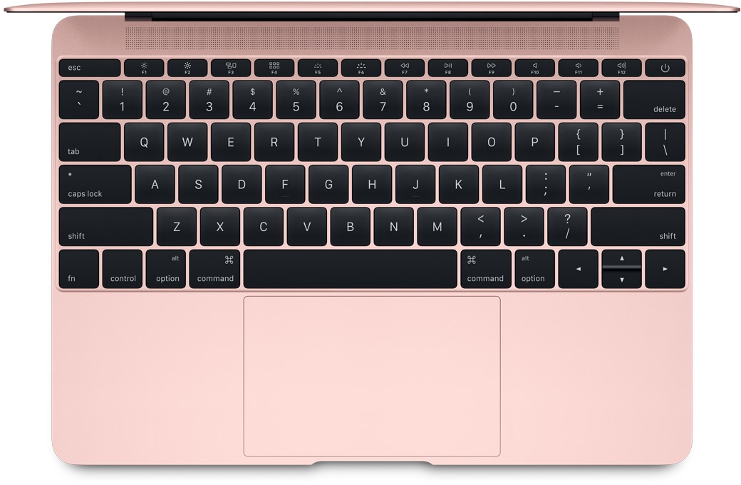 MacBook dengan layar Retina 12 inci berwarna emas merah muda terlihat dari atas (keyboard)