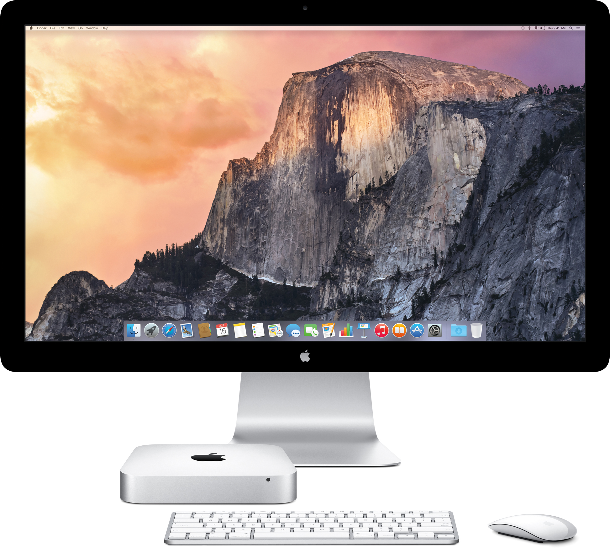 Mini Mac baru dari depan dengan Thunderbolt Display, keyboard, dan mouse