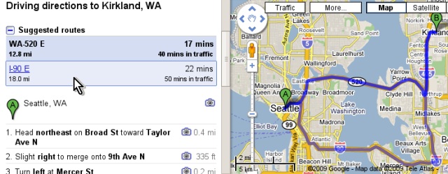 Google Maps rakendab alternatiivseid marsruudi soovitusi