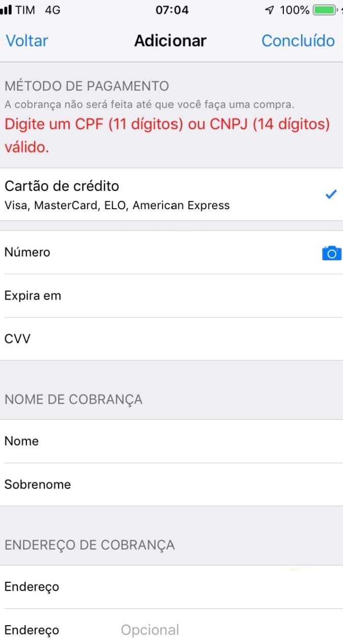 Viga - CPF / CNPJ Apple ID väli