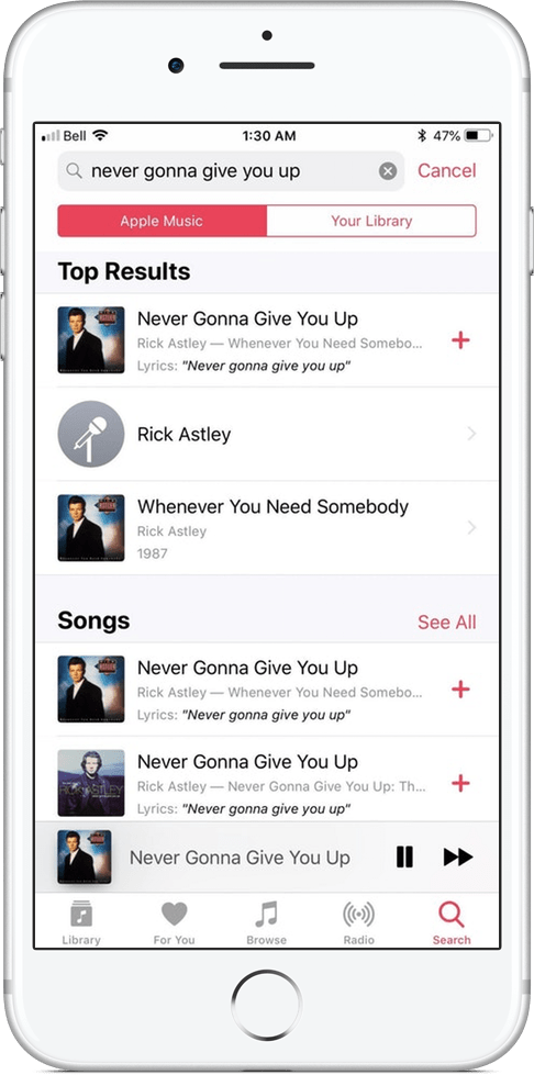 Otsige iOS 12-s Apple Musicus Apple Musicust sõnadega laule