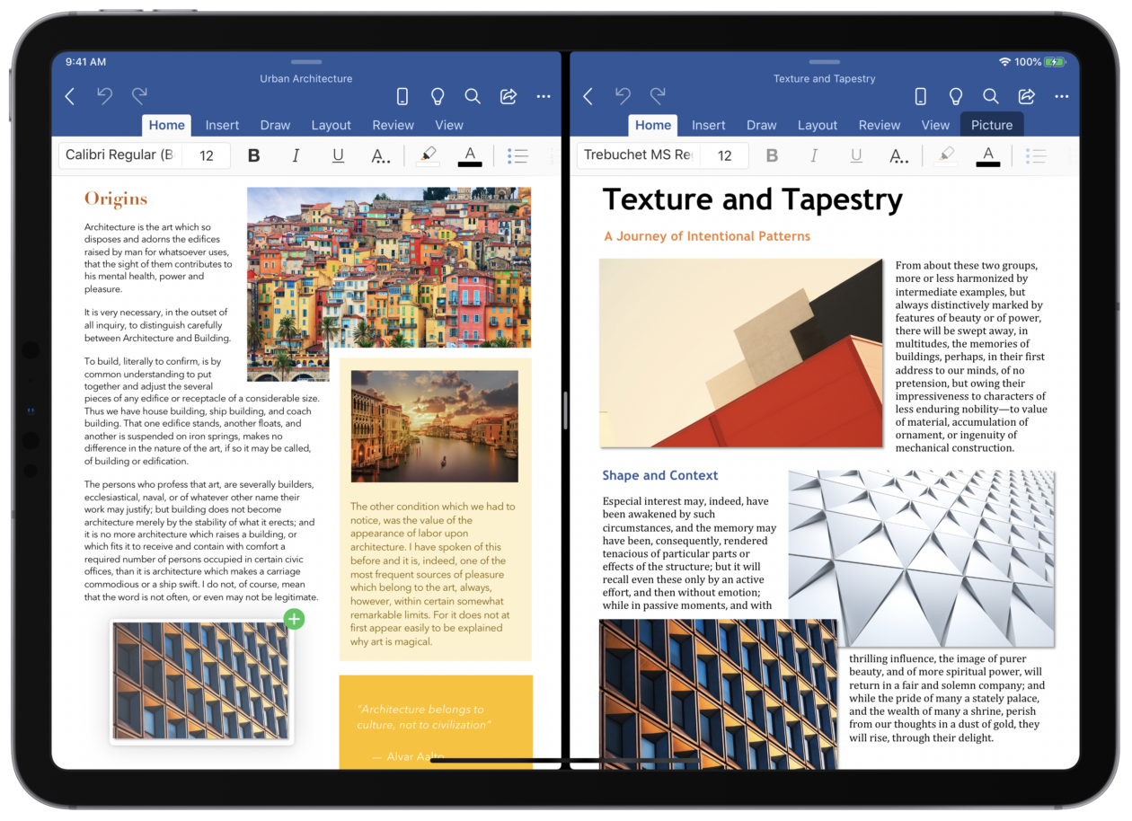 Kaks Wordi rakenduse akent töötavad iPadis jagatud vaate režiimis