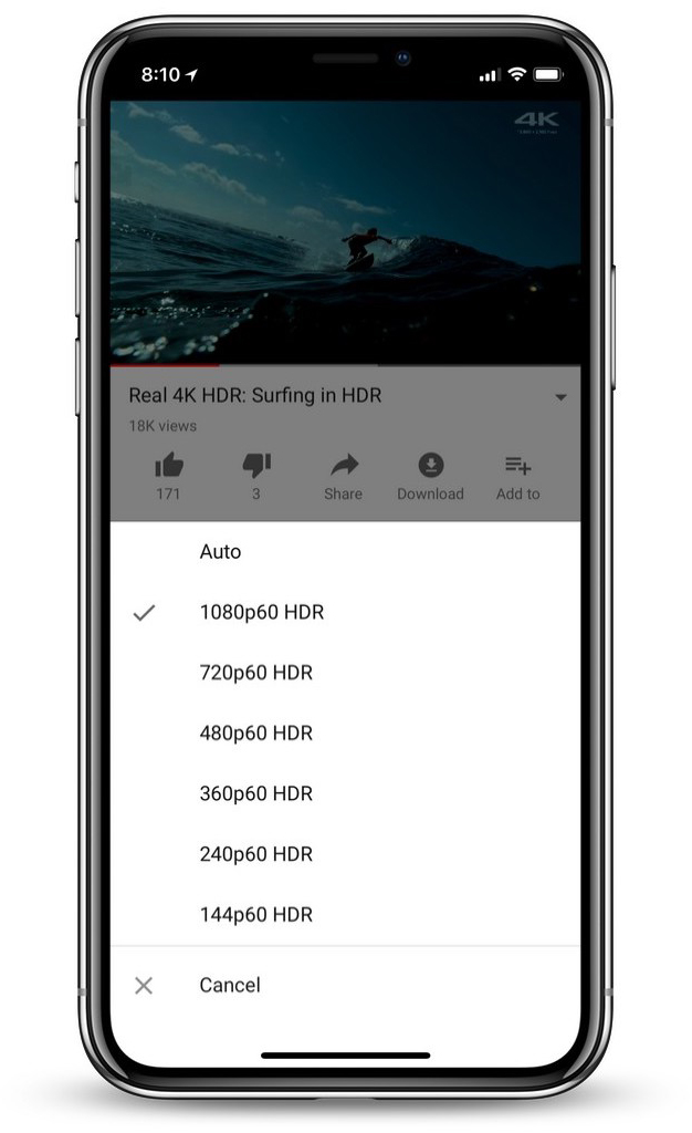 Aplikasi YouTube untuk iPhone X menampilkan opsi HDR
